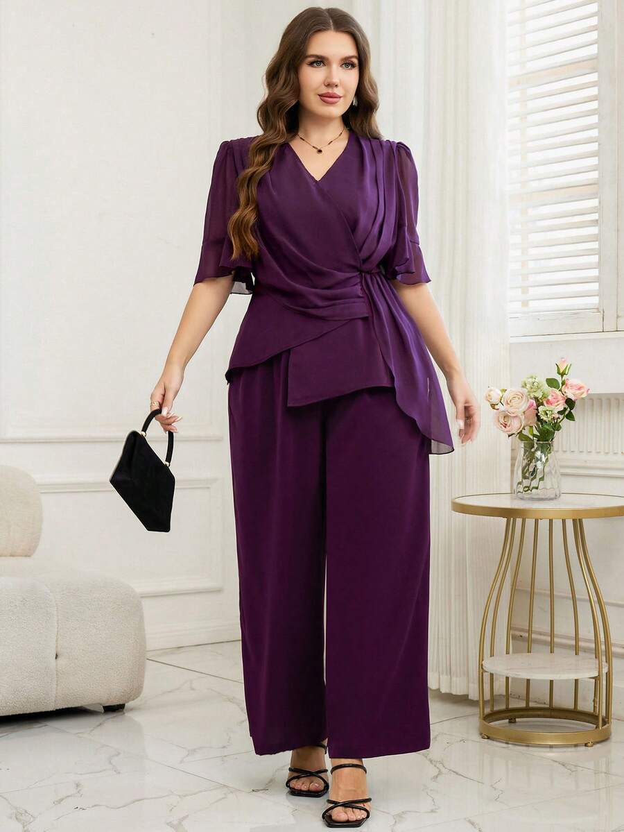 Reflora Plus Size Women's Dark Purple Elegant 2-Piece Set,V-Neck Ruffle Blouse & Wide Leg Pants,Summer,Country,Wedding Guest Outfit, Al-Adha Mother Suit - Purple - View 1