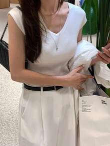 DAZY V-Neck Ribbed Slim-Fit Sleeveless Tank Top, Versatile Minimalist Knit Vest For Women - White - View 4