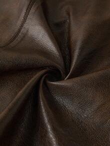 Ellevyn Decorative Button Solid Color Fitted Stylish A-Line PU Mini Skirt - Brown - View 5