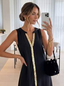 Easowa Đầm nữ dáng rộng, phối sequin, cổ chữ V, kiểu dáng thường ngày. - màu đen - Xem 2