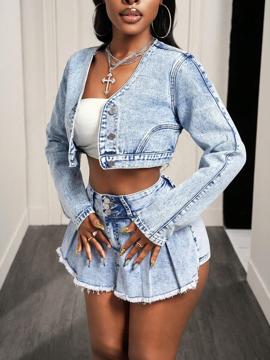 SHEIN BamGlam Women's Long Sleeve Single-Breasted Cropped Casual Denim Jacket - Light Wash - View 1