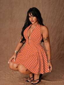 Rustia Gaun Mini Seksi Model A-Line Motif Polkadot untuk Wanita Ukuran Plus dengan Tali Leher - Jeruk - View 6