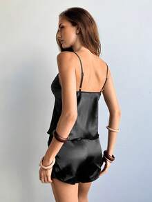 Aloruh Women's Style, Backless Design, Spring And Summer Collection, Black Color, Casual And Comfortable, Natural, Home Decoration, French Mesh Ruffle Decoration Satin, Lace Patchwork, Smooth Satin, Pajama Set - Black - View 5