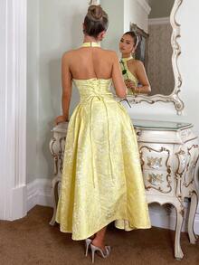 Glamine Charm Vintage 3D Embossed Floral V-Neck Sleeveless Flared Dress For Women Wedding Guest Party Dress Elegant Long Dress Birthday Dresses For Women Graduation Dress Women Dress For Wedding Guest Yellow Dresses For Women Elegant Yellow Formal Dress Halter Neck Dress Jacquard Yellow Dress Yellow Satin Dress Yellow Silk Dress Homecoming Dress Short Yellow Midi Dress Love And Lemonade Dresses Lemon Dress Women Yellow Floral Dress Women Tea Party Dress Yellow Easter Dress Women Yellow Spring Dress - Yellow - View 4