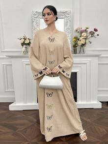 Yasmyna Women's Turkish Maxi Dress With Butterfly Pattern, Arabic Traditional Long Robe - Khaki - View 2