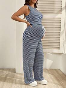 SHEIN 2pcs Maternity Casual Striped Round Neck Vest And Pants Set, Summer World Cup - Royal Blue - View 7
