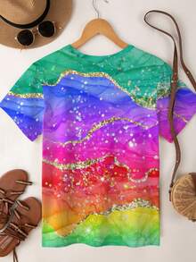 EMERY ROSE Áo thun nữ cỡ lớn cổ tròn tay ngắn nhiều màu sắc ánh kim, kiểu dáng thường ngày, thích hợp cho mùa hè. - Nhiều màu - Xem 2