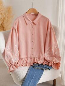 CosyJoli Plus Size Women Embroidered Front Button Ruffle Hem Long Sleeve Blouse - Pink - View 3