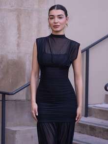 Andrea Bello Black Wrap Shawl Elegant Sheer Ruched Dress, Suitable For Romantic Dates, Parties, Formal Gatherings, Bridesmaid Dresses, Women's Summer Dress, Tea Party Dress, New Year, Valentine's Day, Birthday Mini Dress, Black Dress Black Dress Elegant - Black - View 5