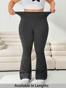 SHEIN Tall CURVE 大码女装秋冬返校休闲家居服瑜伽舒适户外纯黑色针织弹力腰高腰口袋喇叭裤，带口袋打底裤 - 灰色 - 查看 1