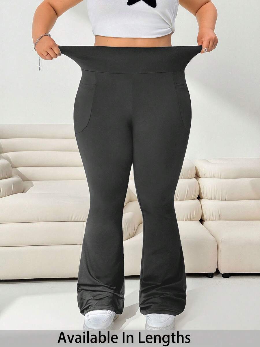 SHEIN Tall CURVE 大码女装秋冬返校休闲家居服瑜伽舒适户外纯黑色针织弹力腰高腰口袋喇叭裤，带口袋打底裤 - 灰色 - 查看 1