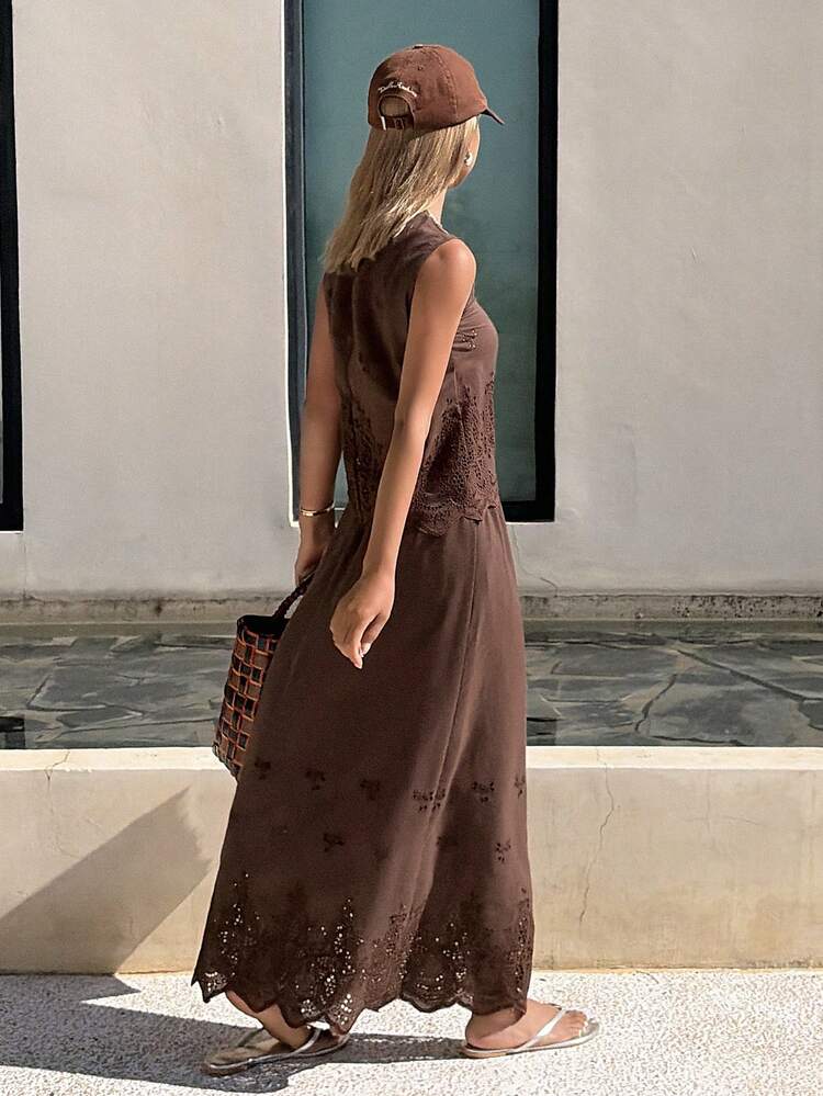 Women's Round Neck Sleeveless Lace Patchwork Vest And Long Skirt Set, Vacation & Casual Style Summer