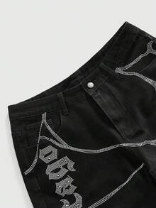ROMWE MEN Street Life Men's Rhinestone Button Pocket Casual Versatile Daily Wear Denim Shorts - Black - View 3