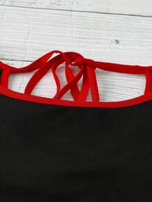 GlowEve CURVE 大码樱桃刺绣装饰抽绳后背纯色T恤，女士休闲日常穿着 - 黑色 - 查看 6
