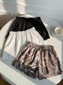 Comfortcana 3 chiếc quần short nữ mùa hè, phong cách thường ngày, thoải mái, năng động, thích hợp đi nghỉ mát, đi làm, in chữ, cạp chun, màu trơn và họa tiết toàn thân. - Đen và trắng - Xem 2