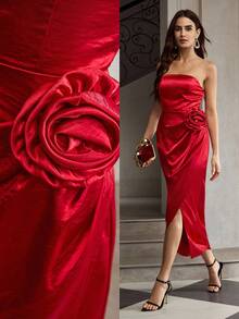ZEYLAH Women's Elegant 3D Floral Sleeveless Midi Dress, Summer - Red - View 9