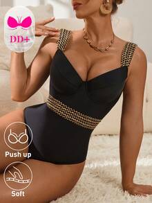 Swim DD+ 2026 Summer NEW 1pc Women's Supportive Metal Strap Decor One-Piece DD+ Push Up Beach Outfits, Music Festival Outfits, Vacation Outfits, Seaside Dates, Holiday Outfits, Sexy, Elegant, Casual Outfits, Beach Party Outfits, Pool Party Outfits Swimsuit For Women Dd Swimsuit Push Up Swimsuit Black Swimsuit One Piece Bathing Suit Dd+ Swimsuit - Black - View 5