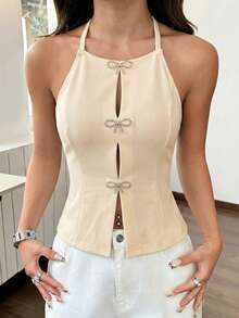 SHEIN EZwear Áo thun dệt kim trơn màu dáng suông không tay, hở lưng, cổ yếm dành cho nữ, thích hợp cho mùa hè, kiểu dáng thanh lịch. - Màu be - Xem 6