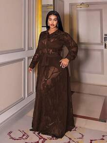 Maweii Vestido elegante y sexy de talla grande con estampado jacquard y transparencias - Marrón - Ver 5