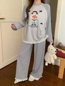 DAZY 2pcs Women Cartoon Girl Striped Splice Raglan Sleeve Lace Ruffle Trim Loose Long Sleeve T-Shirt And Pants Pajama Set - Blue - View 9