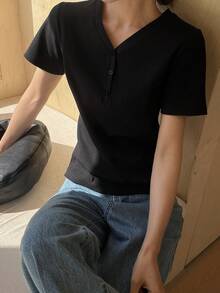 Livesso 女士宽松休闲商务办公街头风短袖黑色衬衫，春夏款 - 黑色 - 查看 5
