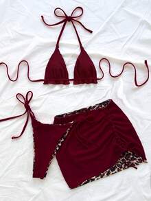 Soleia Conjunto de 3 piezas de bikini de talla grande para mujer con estampado de leopardo y contraste rojo - Burdeos - Ver 2