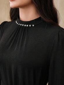 Graceveil Women's Elegant Crystal Decor Lantern Sleeve Dress,Autumn Black And Silver Rhinestone Mock Neck Cinched Waist Black Dress For Dining Blouses Tops - Black - View 1