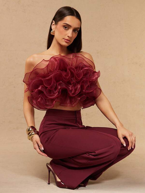 Silquee Women's Romantic Organza Exaggerated Ruffle Bandeau Top