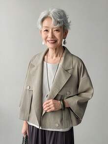 FRIFUL 女士休闲翻领落肩宽松短款外套，适合春秋季日常通勤 - 灰色 - 查看 3