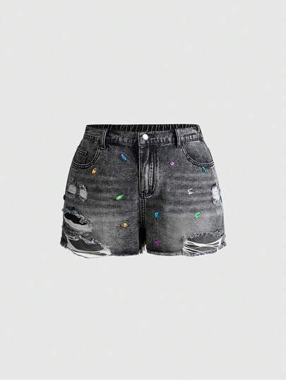 ROMWE Grunge Punk شورت جينز ميني مزين بالراين ستون ملون مقطع بأسلوب Y2K مقاس كبير، ذو طابع بانك رترو