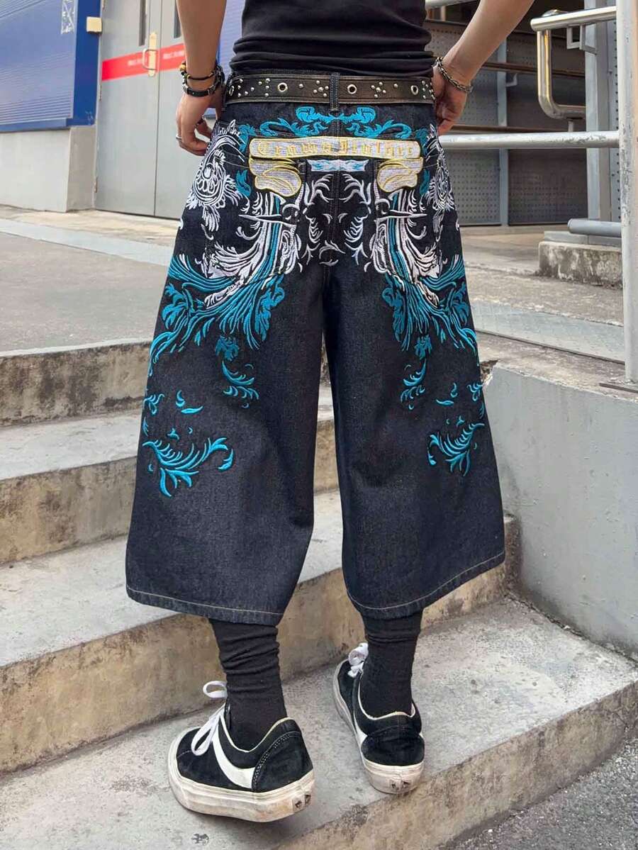 ROMWE MEN Men's Casual Fashion Street Letter Embroidery Pattern Denim Shorts, Summer - Black - View 1