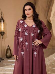 Al Najma Casual Solid Color Embroidered 3D Floral Decor Long Sleeve Loose Regular Spring/Autumn Plus Size Women Arabic Maxi Dress - Redwood - View 5
