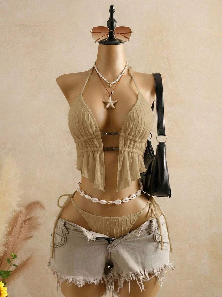 Bellisia 棕色纹理针织串珠石女士吊带比基尼上衣 - 杏色 - 查看 1