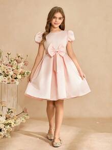 女童甜美泡泡袖婚礼花童公主裙，网纱印花连衣裙，适合生日、舞台表演，优雅大蝴蝶结装饰裙 - 粉色 - 查看 6