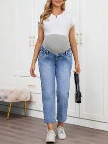 SHEIN Maternity Cuffed Light Blue Casual Fall Autumn Winter Halloween Christmas New Year Thanksgiving Versatile Jeans With Belt Loops , Y2k Cute Party Streetwear Coquette Techno Birthday Airport Mom Jeans - Blue - View 6