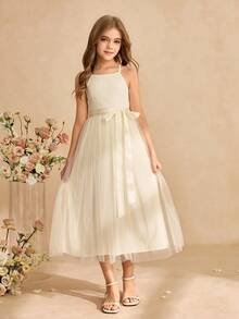 Girls' Elegant Minimalist Round Neck Sleeveless Waist Cinched Long Lace Patchwork Multi-Layer Tulle Solid Green Summer Dress, Flower Girl Dress For Wedding Junior Bridesmaid Dress Young Girl Elegant Dress Ivory Dress Girls Cream Dresses For Girls - Apricot - View 3