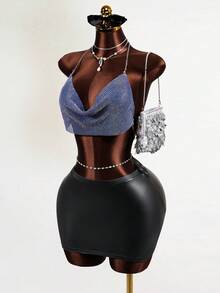 Mistrie Metallic Sequin Backless Halter Neck Cropped Top - Royal Blue - View 5