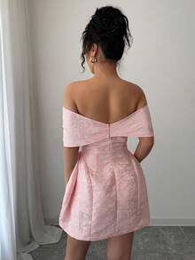 Rafferiza Petite Women's Off-Shoulder Fitted A-Line Dress, Spring/Summer Women's Pink Jacquard Bow Collar Party Dress - Pink - View 2