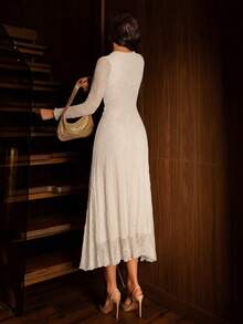 Modelyn 杏色女士蕾丝设计优雅喇叭连衣裙，适合外出、约会、晚宴等场合，中长款 - Pearl White - 查看 2