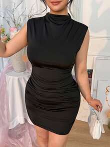 SHEIN EZwear Vestido casual corto de mujer talla grande con cuello alto, mangas cortas, cintura ceñida y unicolor, adecuado para citas y fiestas - Negro - Ver 6
