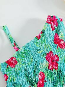 SHEIN 女童2件套：無袖細肩帶上衣+熱帶花卉印花層次荷葉邊裙，夏季海灘度假穿搭，女童禮拜裙 - 綠色 - 查看 4
