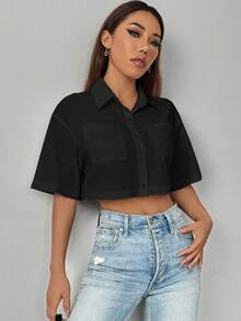Chiquease Women's Casual Solid Color Front Button Short Sleeve Cropped Shirt, Summer - Black - View 6