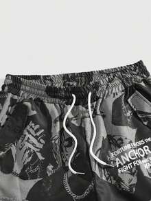 ROMWE MEN Street Life 男士时尚百搭抽绳腰部全印花梭织长裤，秋季 - 彩色 - 查看 3