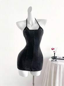 女士露背修身时尚吊带牛仔连衣裙 - 灰色 - 查看 3