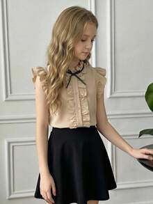 Elladie kids 少女休闲优雅通勤甜美圆领无袖荷叶边复古风衬衫，春夏款 - 卡其色 - 查看 8
