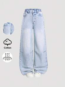 SHEIN Sparklyn Quần jeans ống đứng dáng rộng thoải mái màu xanh nhạt phối chỉ vàng thời trang cho bé gái, thích hợp cho các hoạt động thường ngày mùa xuân, thu, đông và ngoài trời. - Rửa nhẹ - Xem 7