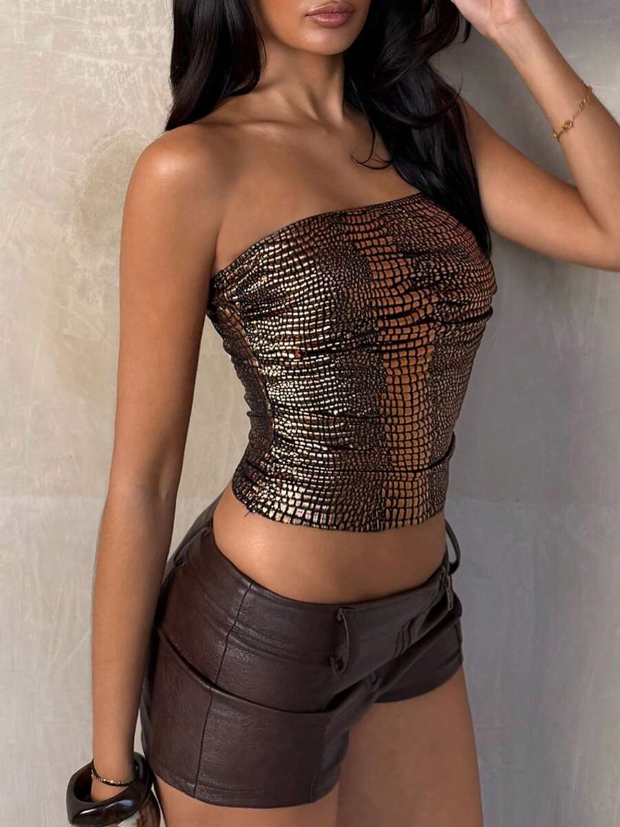 TRNVIE 1pc Purple-Red Crocodile Print Elastic Wrap Chest Ruched Backless Camisole Top, Sexy Casual High Street Party Club Wear For Women, Autumn/Winter, Christmas, New Year Brown 2 Piece Set Leather Tube Top Chocolate Brown Top Brown Tube Top Brown Leather Top - Yellow - View 1