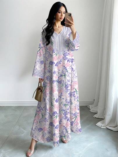 SHEIN Najma Ditsy Floral V-Neck Long Sleeve Maxi Dress, Spring/Summer Elegant Floral Maxi Dress, Suitable For Vacation, Holiday And Daily Wear