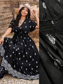 Ceyna Plus Size Black Woven Casual Vacation Elegant Drawstring Shoulder Sleeve Waist Dress, Spring/Summer Boho Plus Size Dresses Plus Size Women's Clothing Stores Online Plus Size Rodeo Outfits Plus Size Western Dresses For Women Plus Size Cowgirl Dress - Black - View 8
