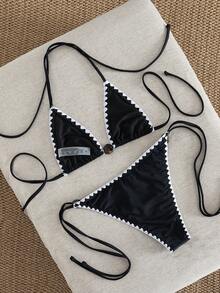 Swim SXY Conjunto de bikini de triángulo con estampado floral de unicolor y sexy para mujer, verano - Negro - Ver 3